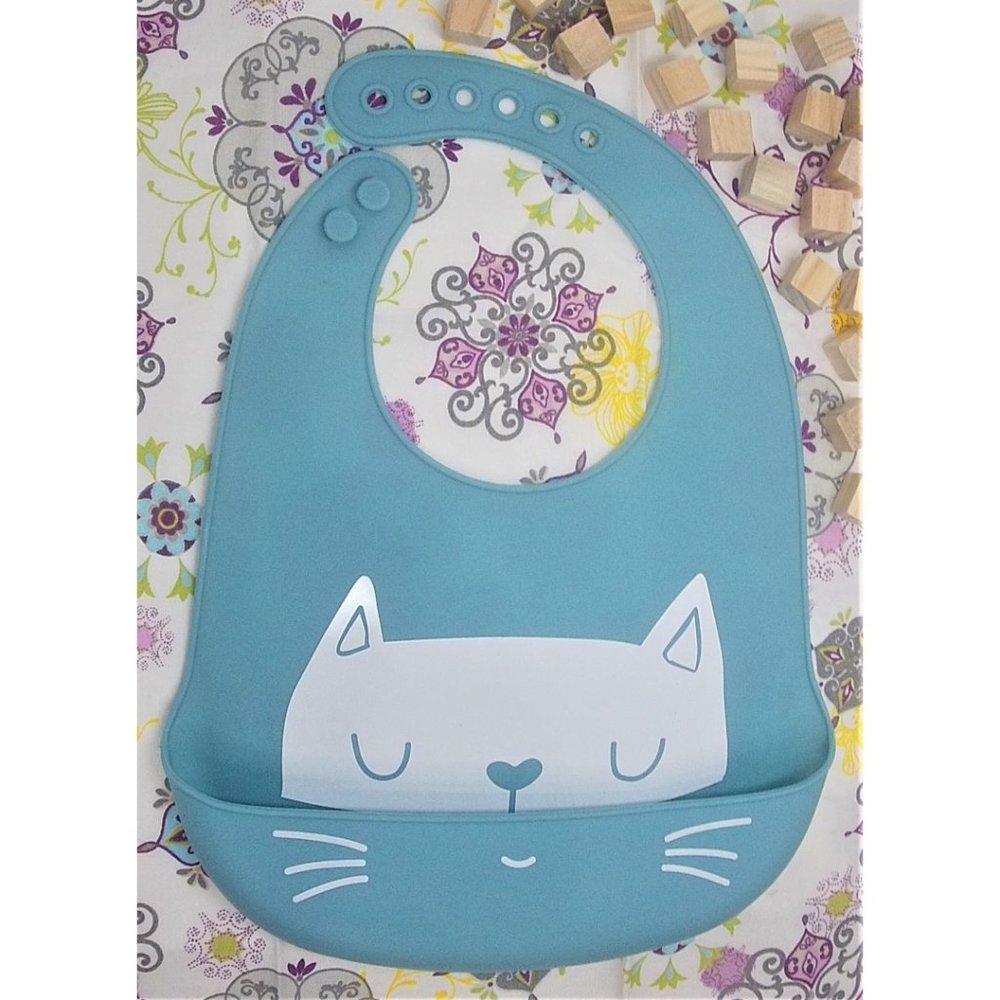 Baby Bibs Easily Wipe Clean -Silicone Blue Cat